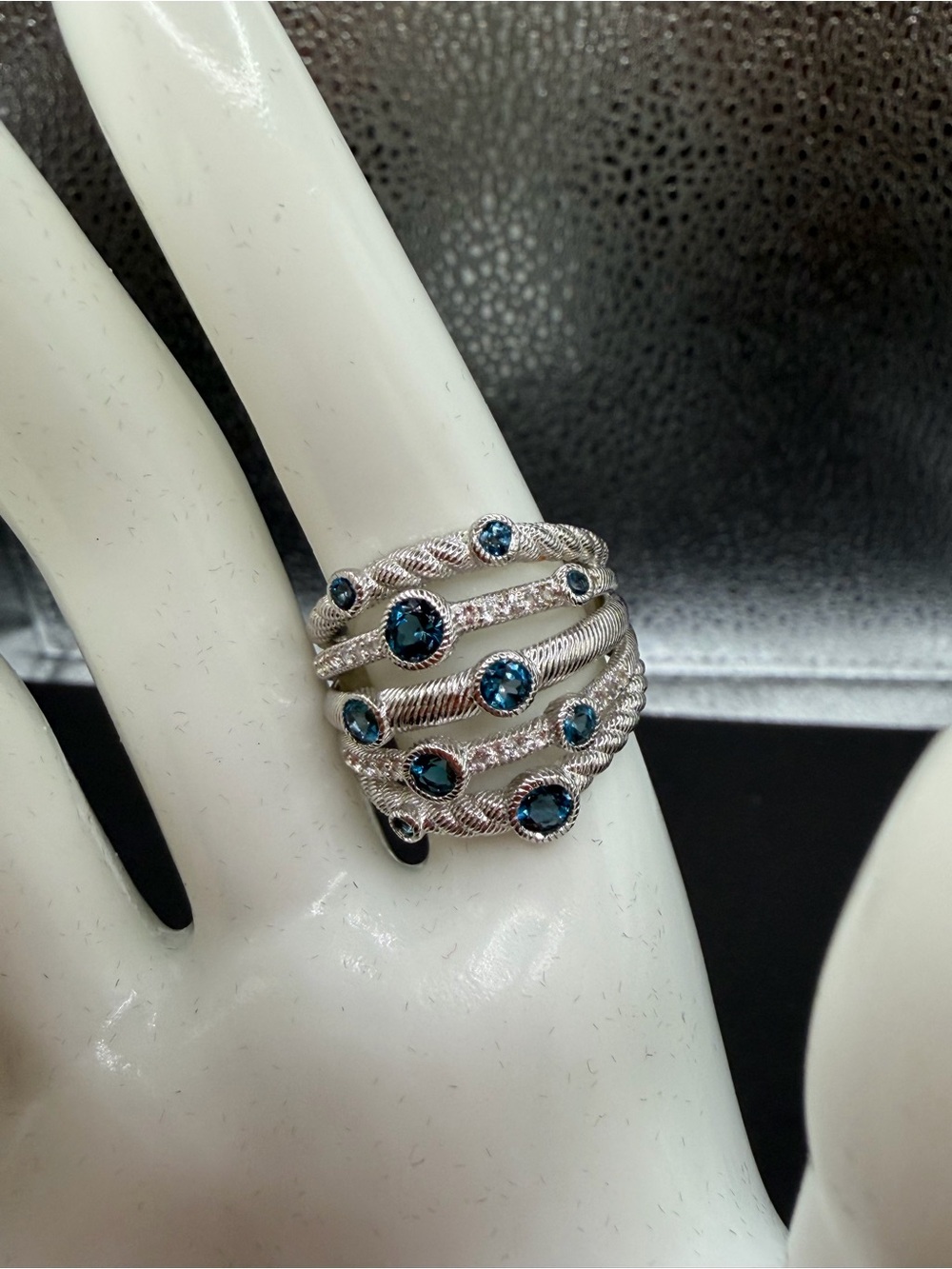 Judith Ripka Sterling Silver Multi-Band Ring with Blue Topaz. Size 9